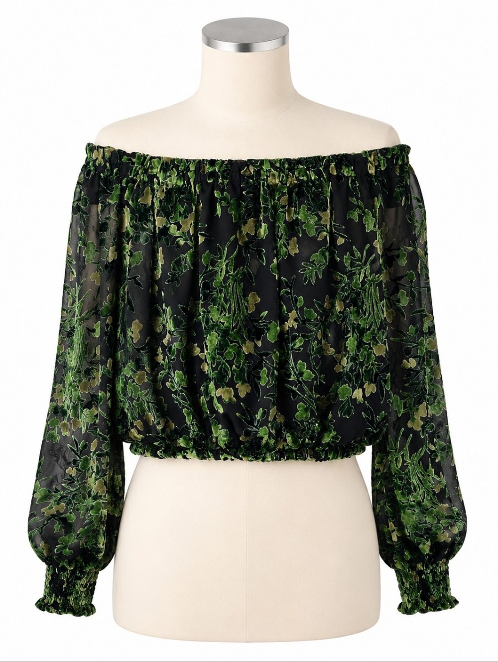 Anthropologie Off The Shoulder Green Print Velvet Burnout Top Sz XS Fairy Grunge